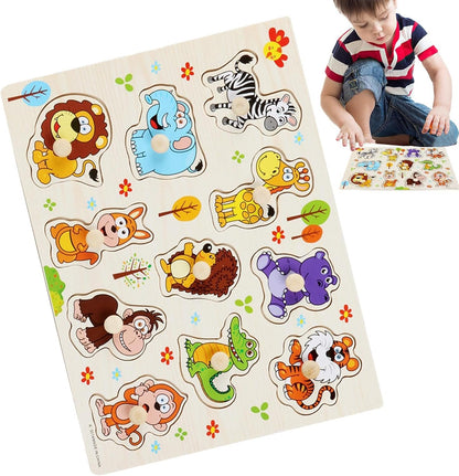 A child holding a wooden animal puzzle board featuring colorful cartoon animals, including a zebra, giraffe, tiger, elephant, lion, kangaroo, hedgehog, crocodile, gorilla, and monkey.
