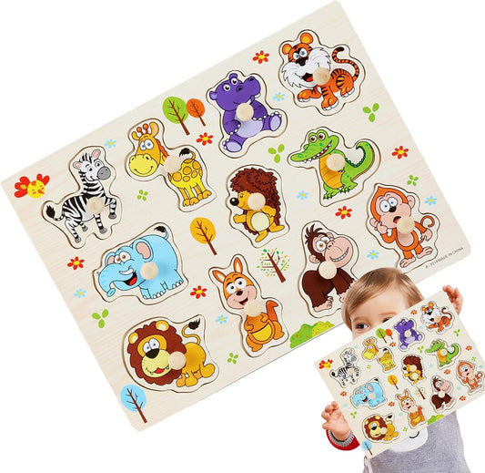 A close-up of a wooden animal puzzle board with cartoon animals such as a zebra, giraffe, tiger, elephant, lion, kangaroo, hedgehog, crocodile, gorilla, and monkey, surrounded by colorful trees and flowers.
