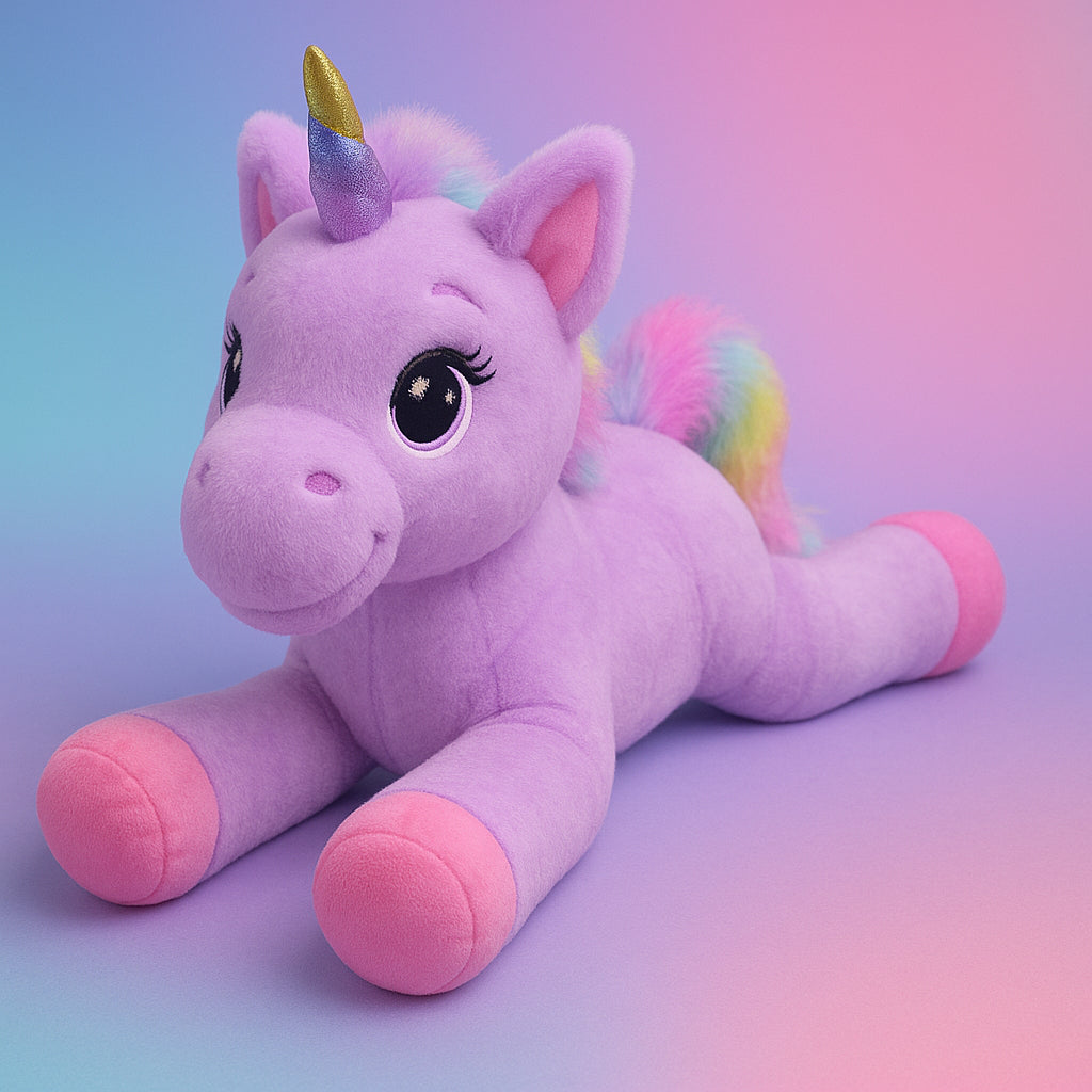 Plush unicorn toy with a pastel-colored horn and rainbow tail on a gradient background