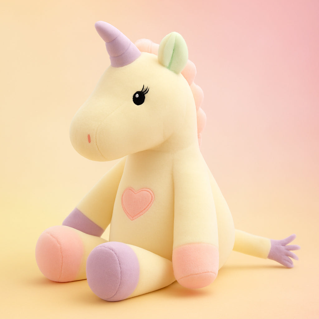 Plush unicorn toy with a heart on a gradient background