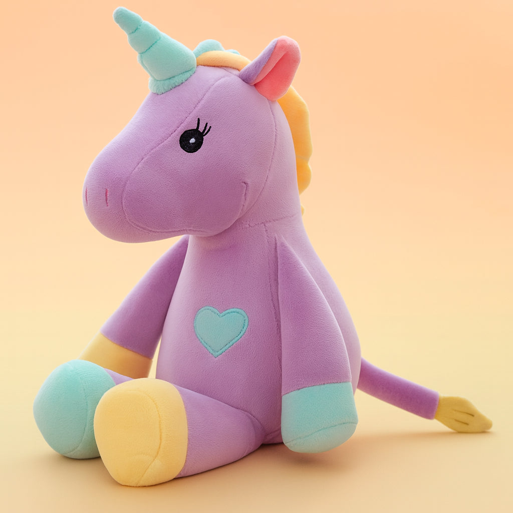 Purple unicorn plush toy with a heart on a yellow background