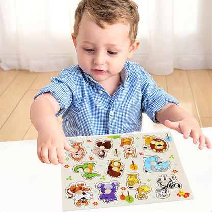 A wooden animal puzzle board with colorful cartoon animals, including a zebra, giraffe, tiger, elephant, lion, kangaroo, hedgehog, crocodile, gorilla, and monkey, surrounded by trees and flowers.